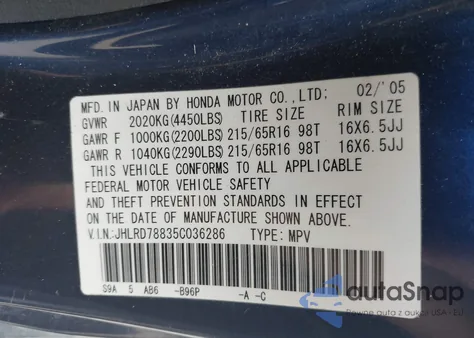 2005 Honda Cr-V Ex from USA, damaged, VIN JHLRD78835C036286